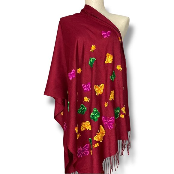 Embroidered Butterfly Pashmina Reddish Fringe Colorful Long‎ Rectangular 64x25 - Picture 1 of 11